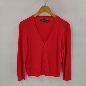 Lauren Ralph Lauren Button Up Sweater Size Large Pink V Neck Lightweight